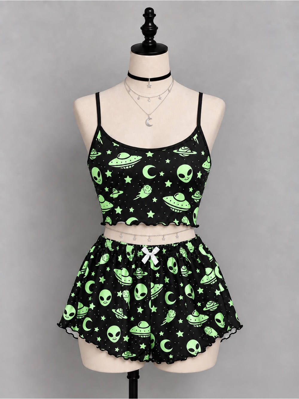 Alien Print Black & Green Crop Cami Pajama Set